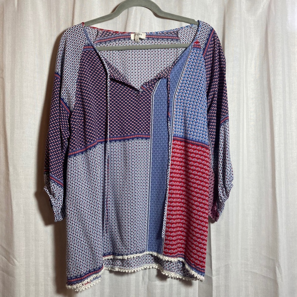 Umgee USA Womens Boho Patchworkโ Print Blouse Red Blue Crochet Trim M Festival